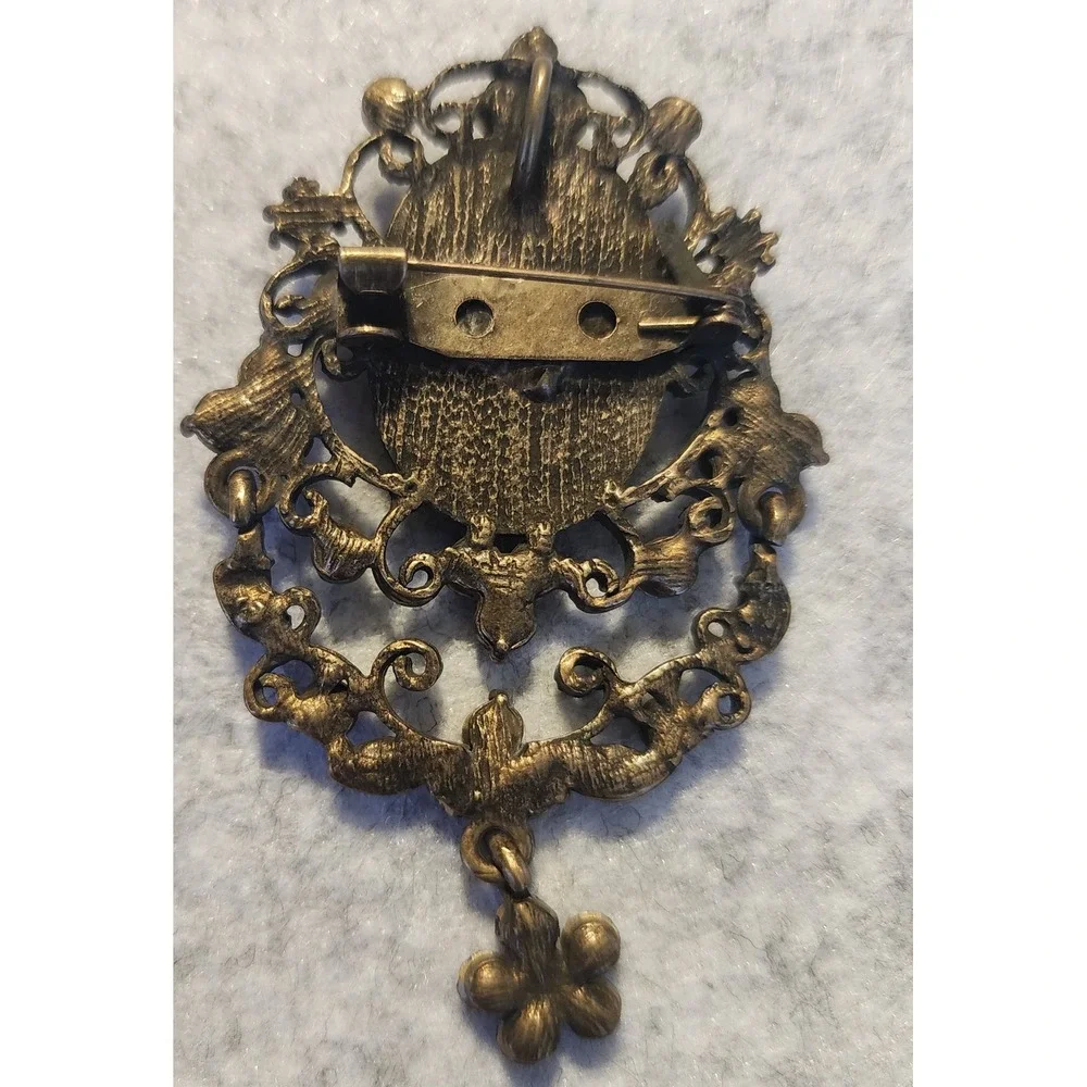 VTG Cameo Brooch Pendant Bronze Tone Amber Rhinestone AB Crystal 2.75